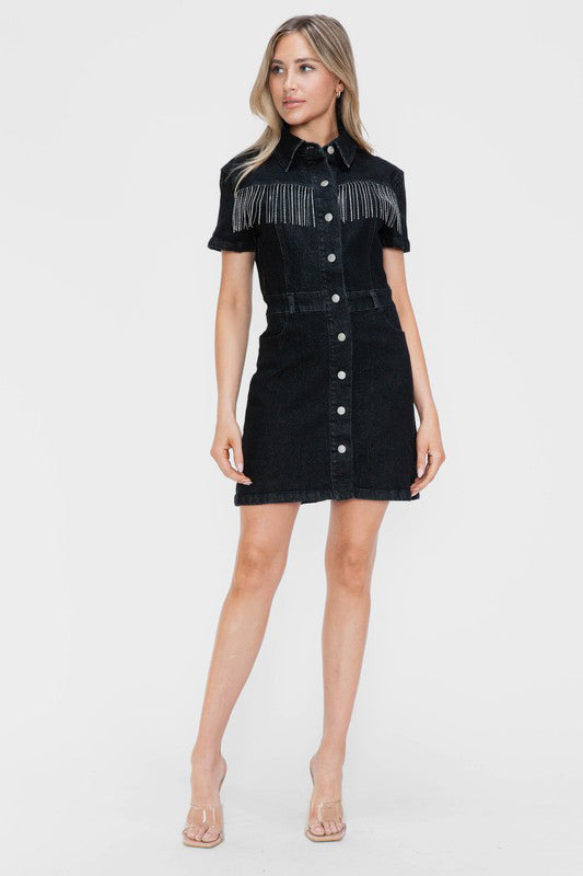 Rhinestone Fringe Button Down Short Sleeve Denim Dress