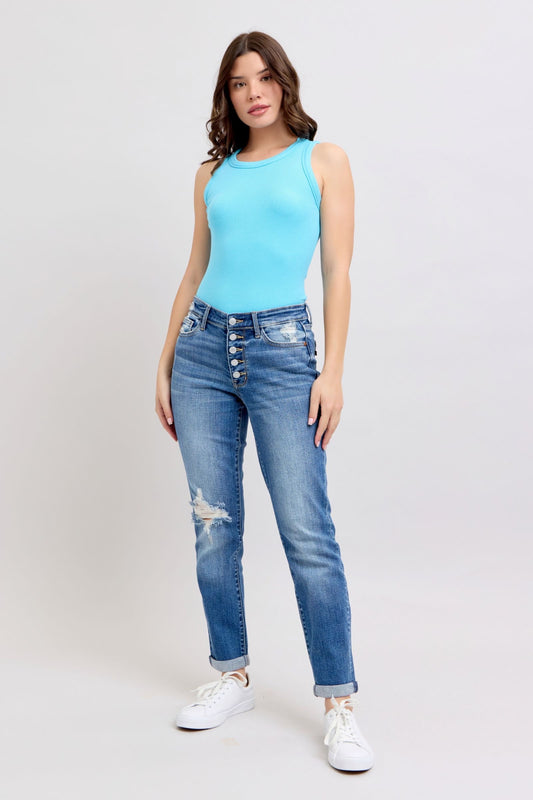 Button Fly Distressed Jeans with Pockets Plus Size