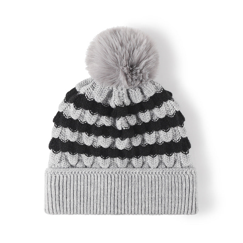 Striped Knit Hat with Pompom