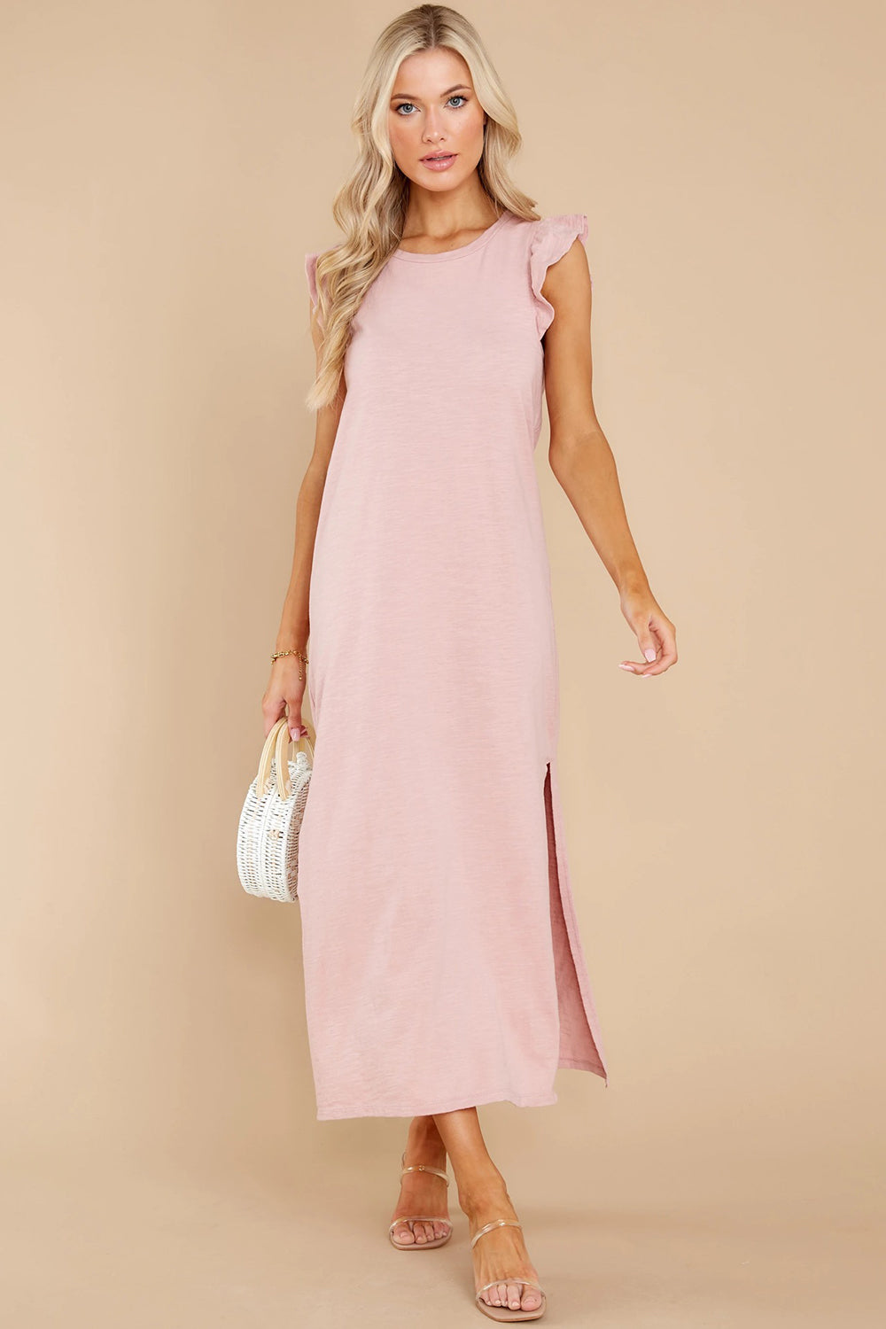 Ruffled Slit Cap Sleeve Midi Dress