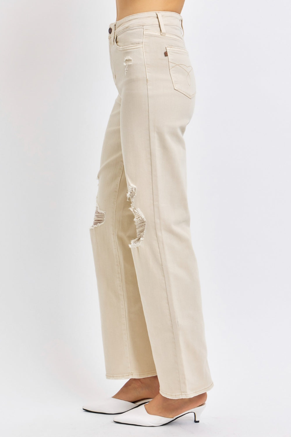 Judy Blue High Waist Distressed Wide Leg Jeans in Bone