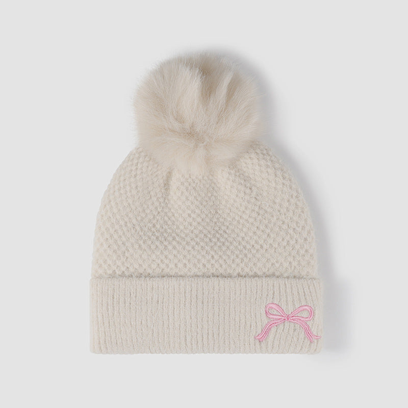 Lined Bow Knit Hat with Pompom