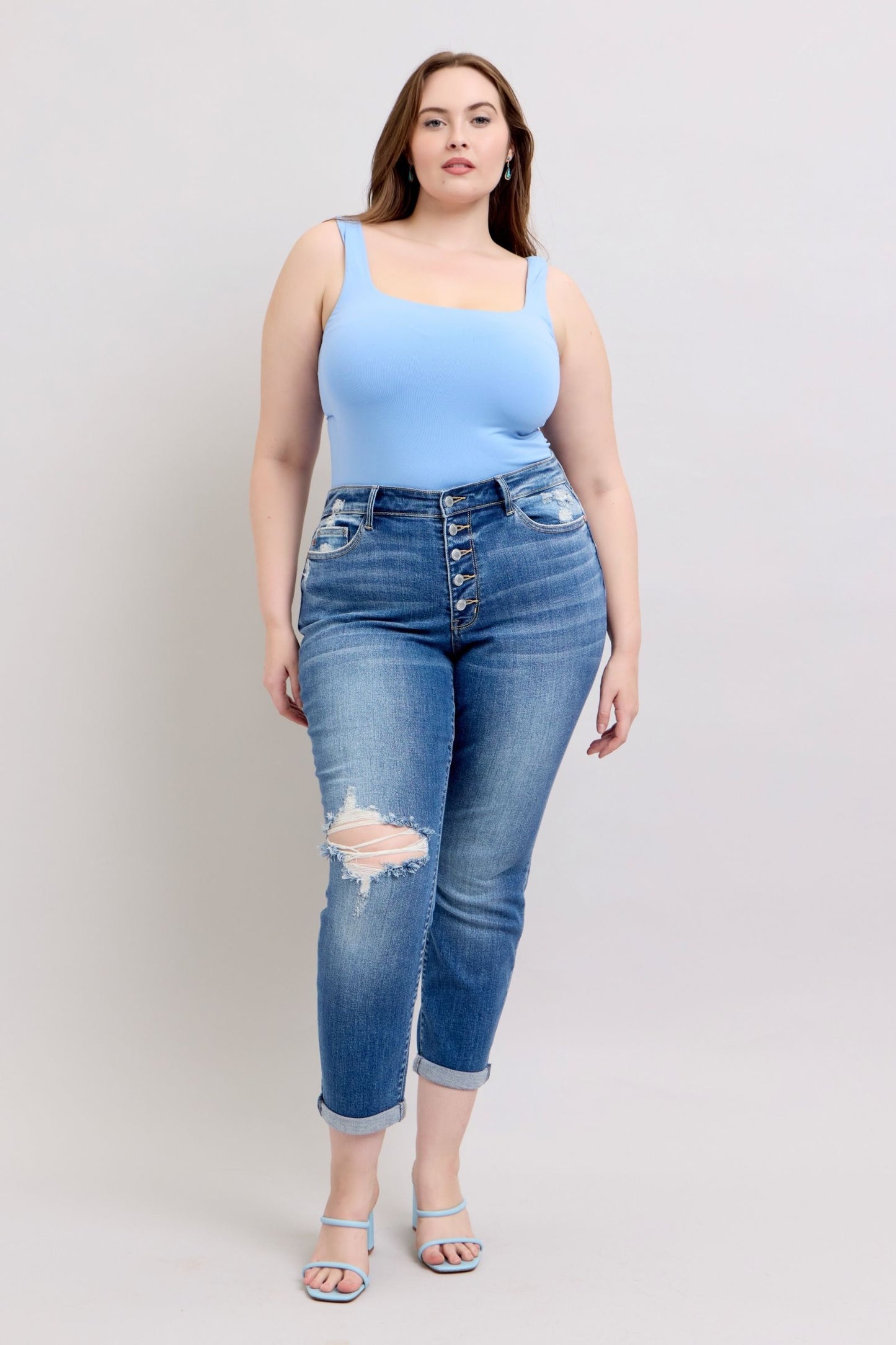 Button Fly Distressed Jeans with Pockets Plus Size