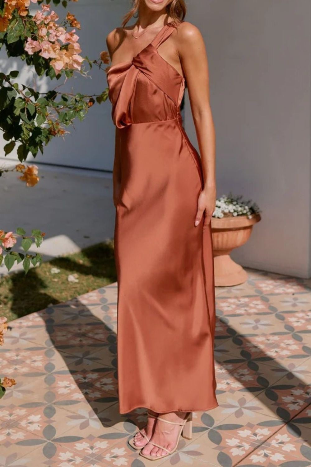 One Shoulder Sleeveless Maxi Dress in Caramel