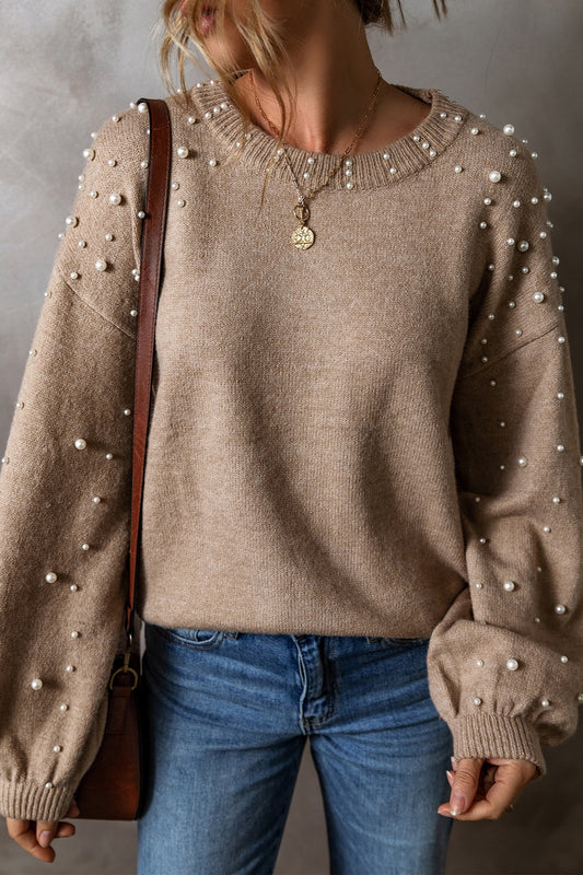 Pearl Detail Long Sleeve Sweater in Mocha