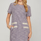 Short Sleeve Pearl Studded Trim Knit Tweed Dress in Lilac