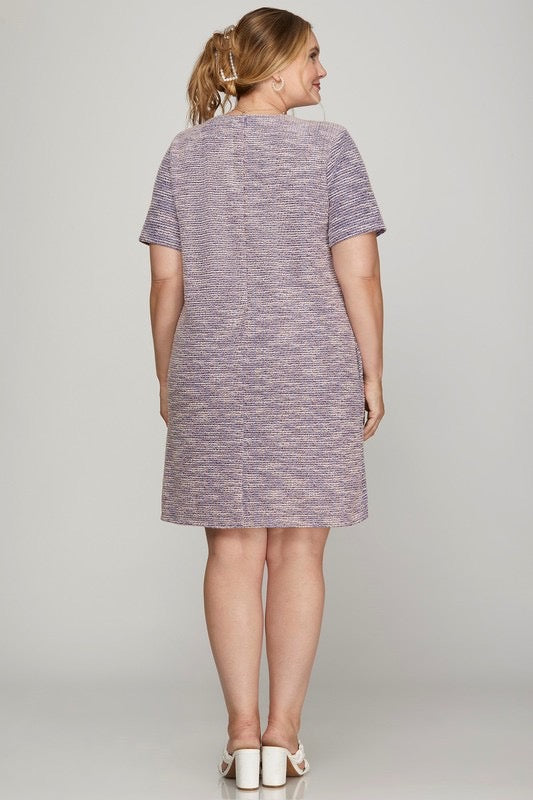 Short Sleeve Pearl Studded Trim Knit Tweed Dress in Lilac