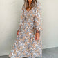 Beige Floral V-Neck Long Sleeve Maxi Dress