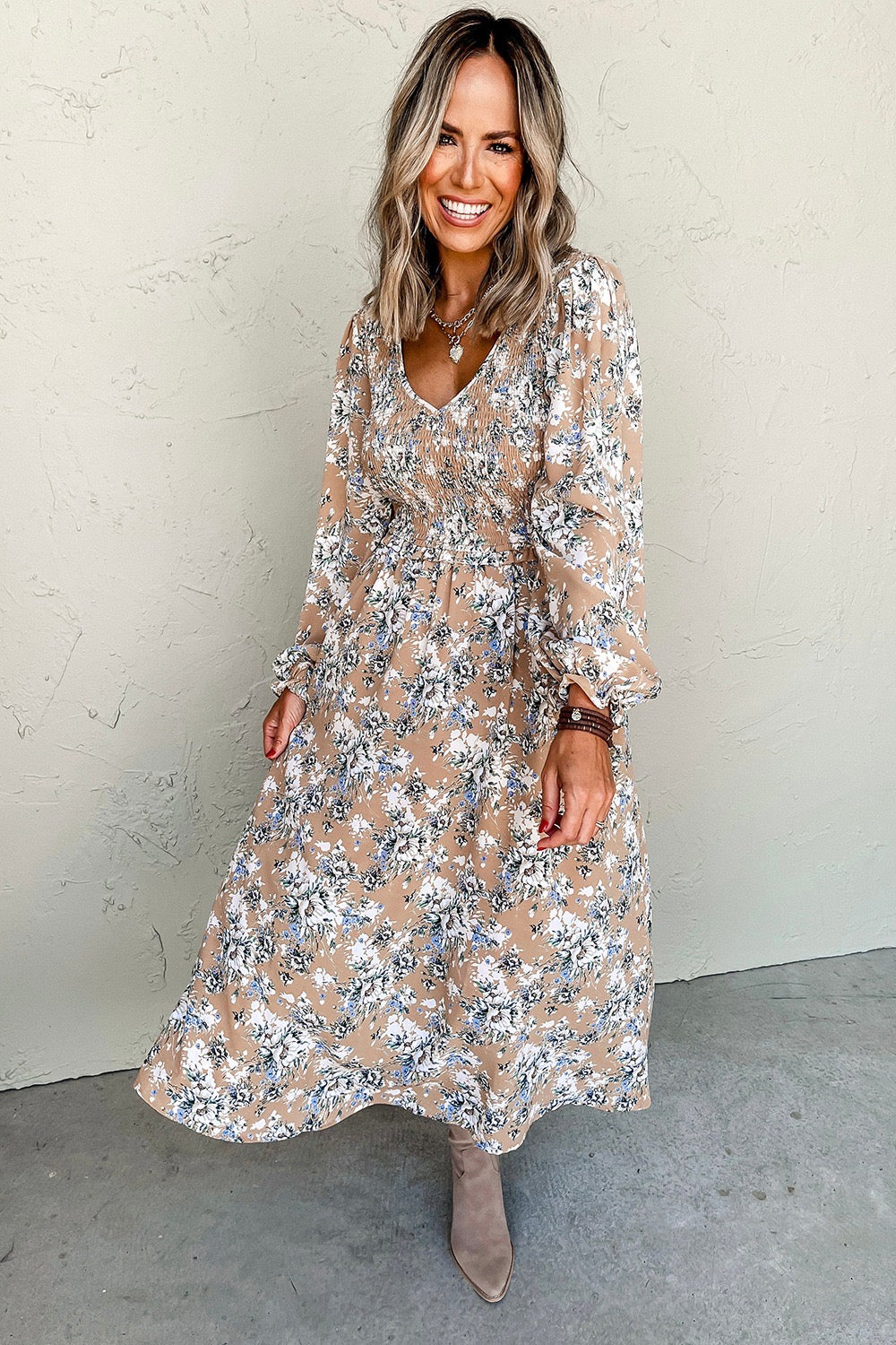 Beige Floral V-Neck Long Sleeve Maxi Dress