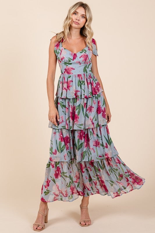 Layered Floral Sweetheart Neck Maxi Dress