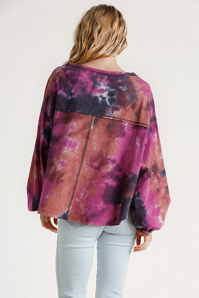 Tie Dye Round Neck Long Balloon Sleeve Top