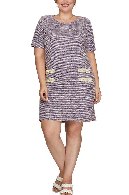 Short Sleeve Pearl Studded Trim Knit Tweed Dress in Lilac