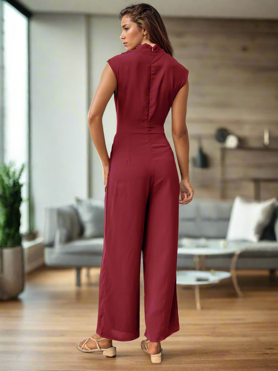 Ruched Mock Neck Sleeveless Jumpsuit