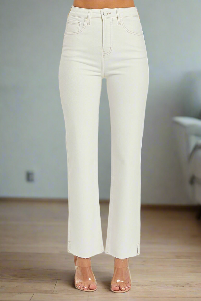 RISEN High Rise Tummy Control Straight Leg Jeans in Cream