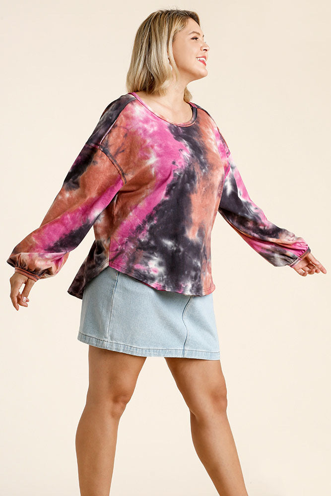 Tie Dye Round Neck Long Balloon Sleeve Top