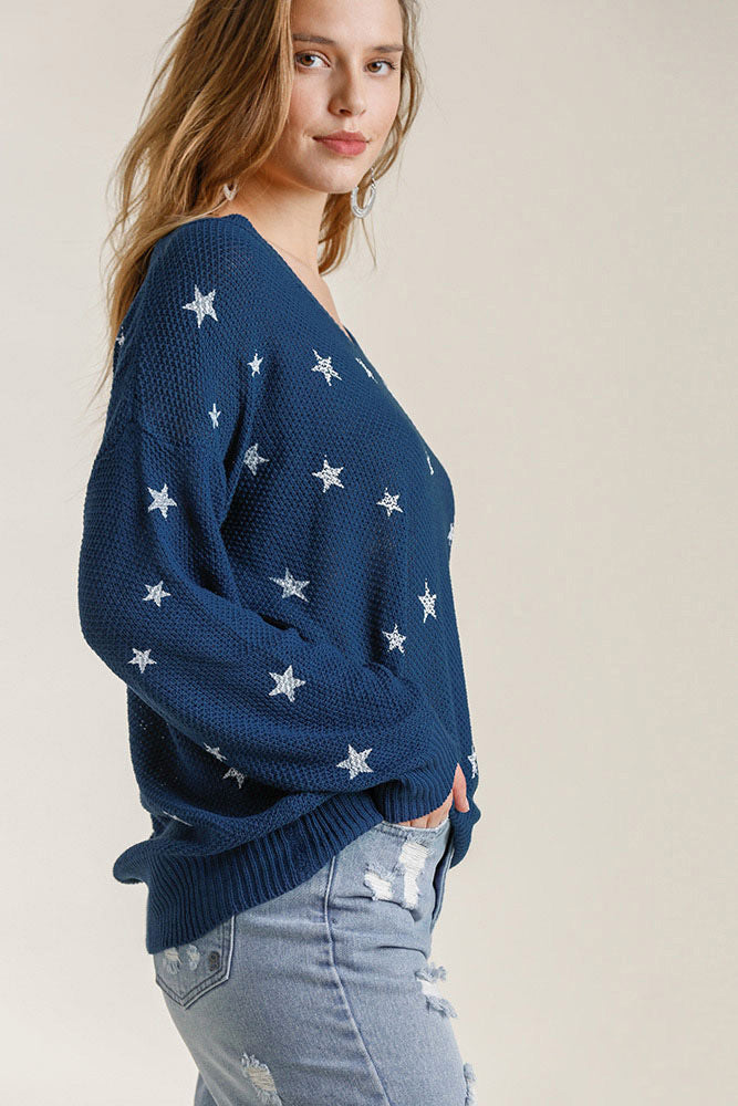 Star V-Neck Long Sleeve Sweater