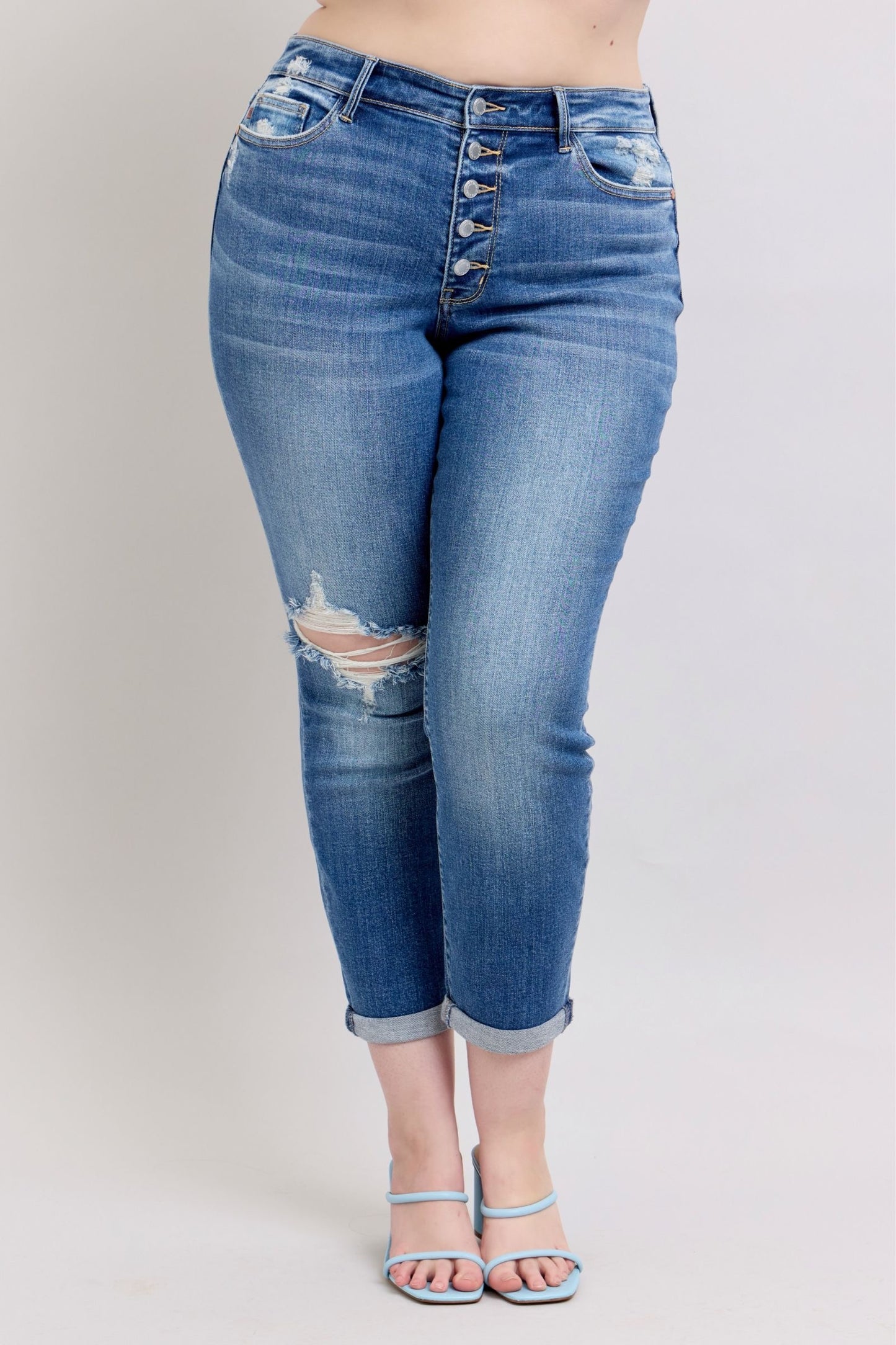 Button Fly Distressed Jeans with Pockets Plus Size