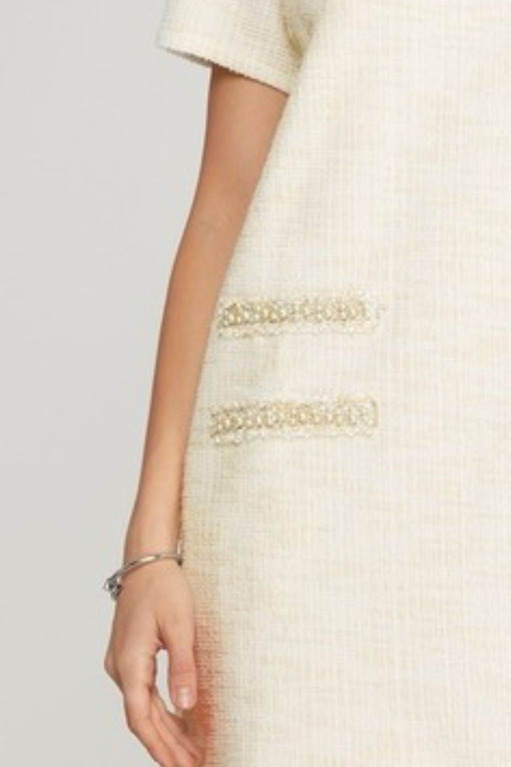 Short Sleeve Pearl Studded Trim Knit Tweed Dress In Ivory