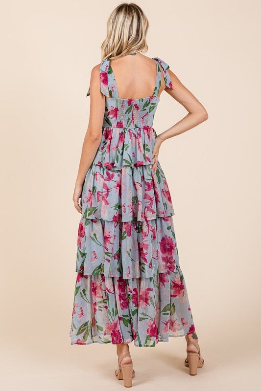 Layered Floral Sweetheart Neck Maxi Dress