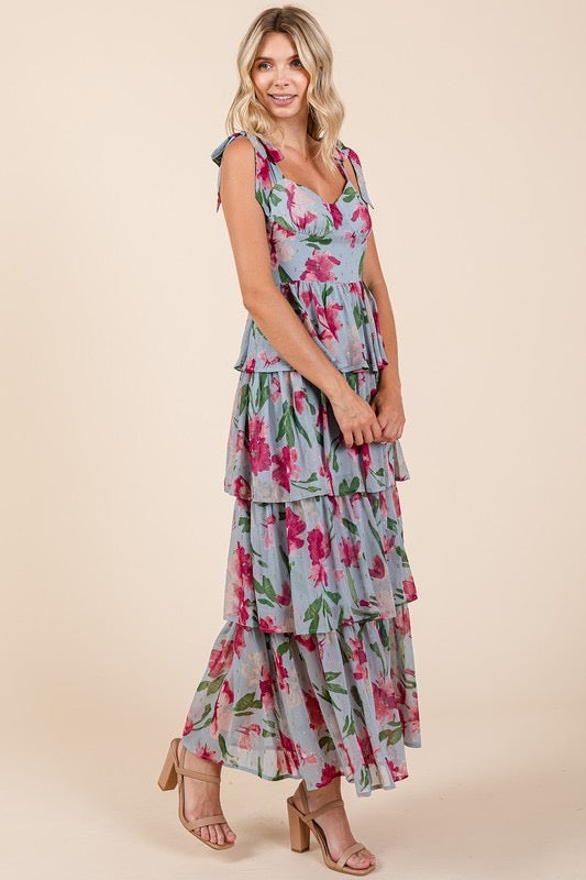 Layered Floral Sweetheart Neck Maxi Dress