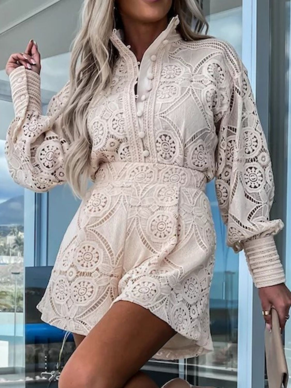 Lace Button Detail Top and Shorts Set in Eggshell