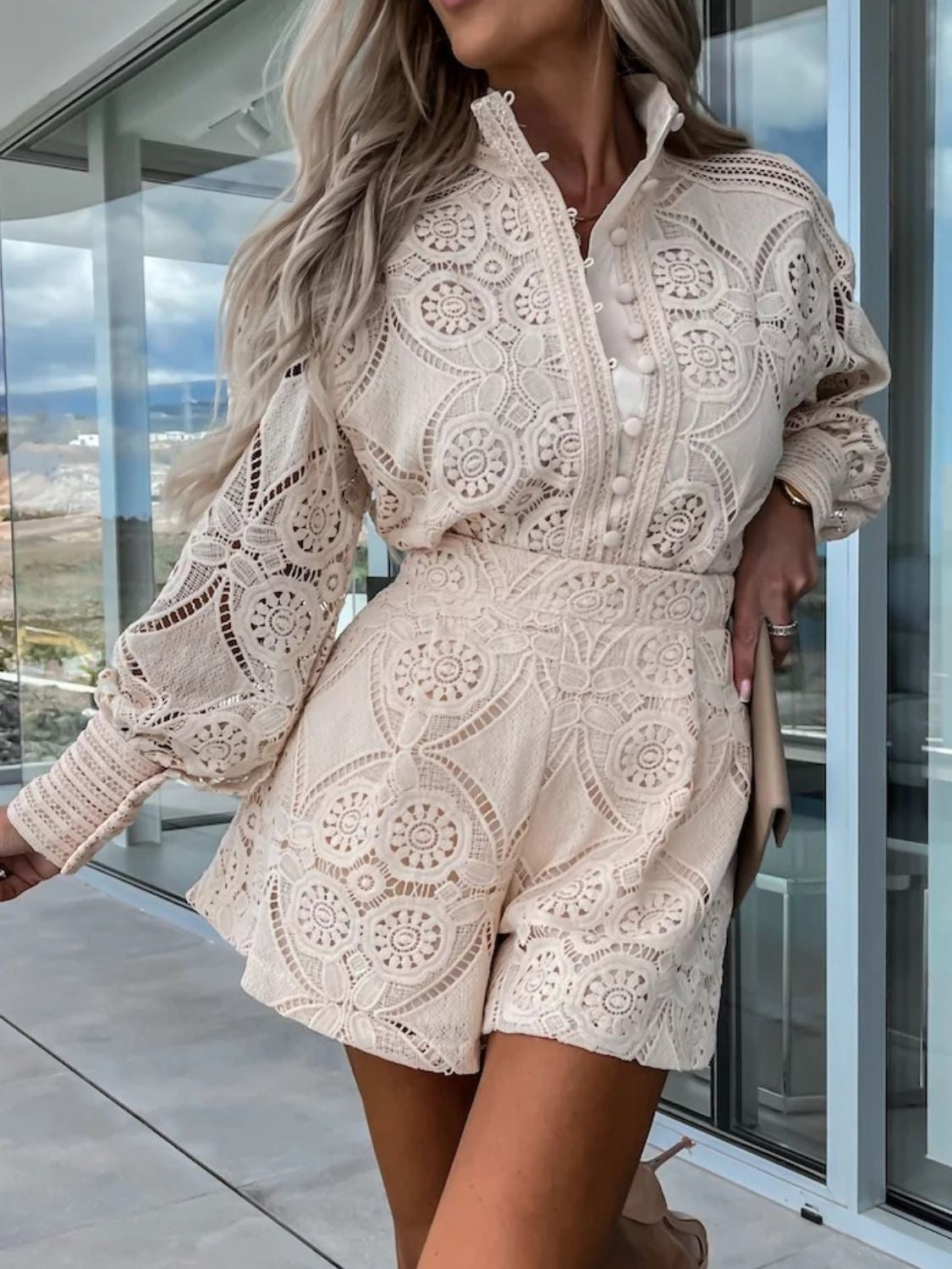 Lace Button Detail Top and Shorts Set in Eggshell