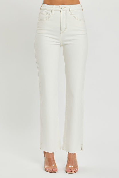 RISEN High Rise Tummy Control Straight Leg Jeans in Cream