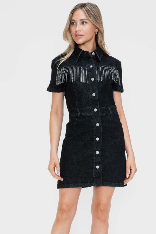 Rhinestone Fringe Button Down Short Sleeve Denim Dress