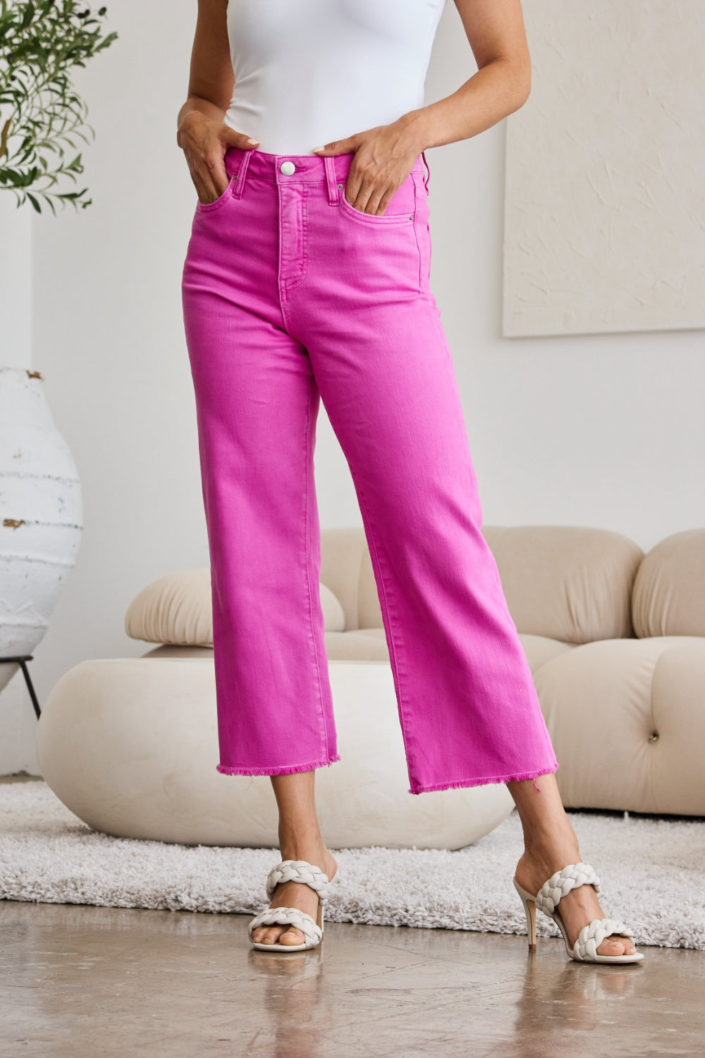 RFM Chloe Tummy Control High Waist Crop Jeans in Pink Rouge