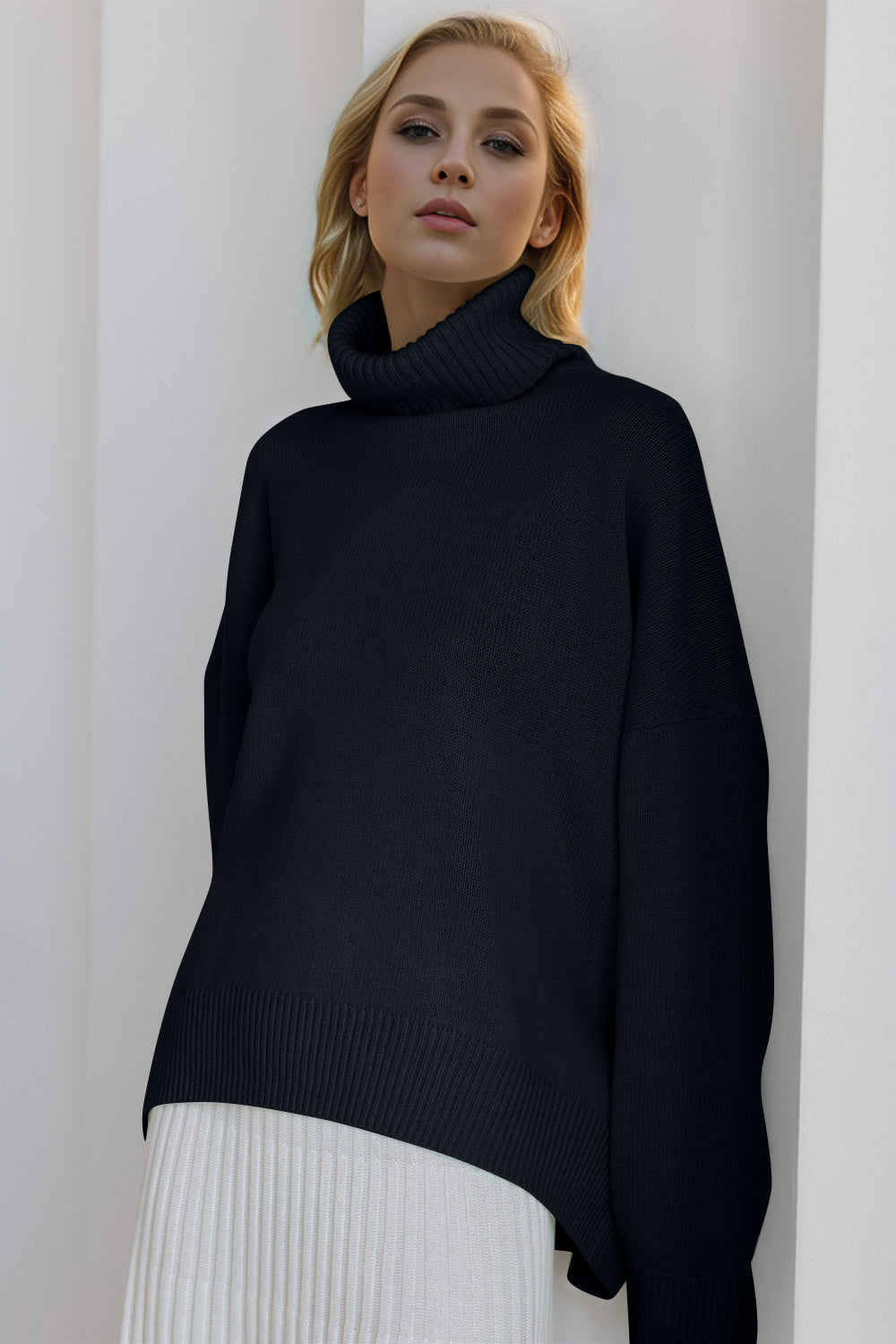 Basic Turtleneck Dropped Shoulder Sweater