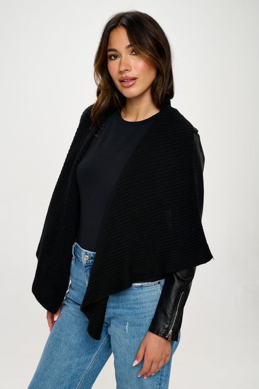 Knit Front Vegan Leather Crop Jacket