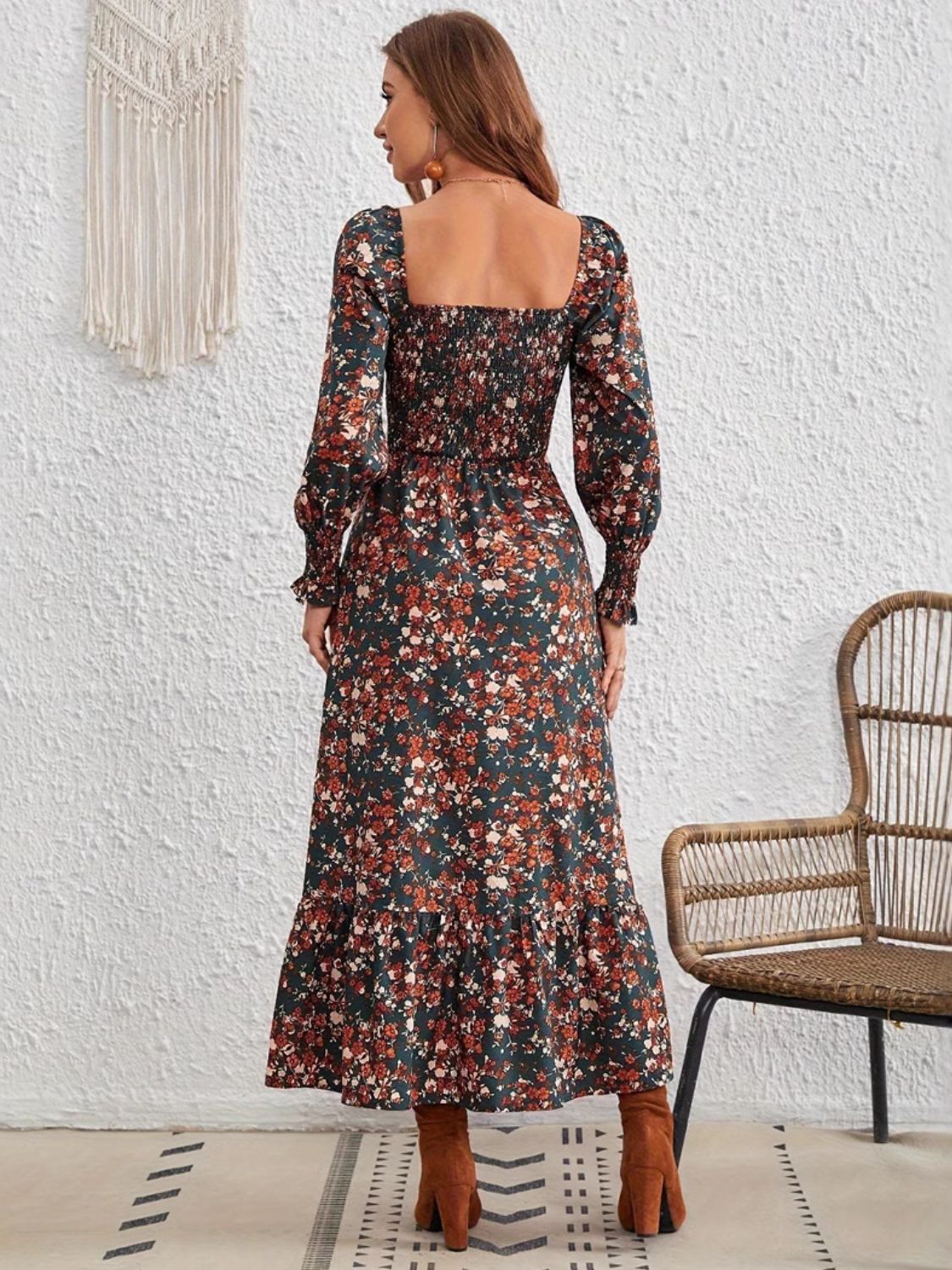 Smocked Floral Long Sleeve Maxi Dress