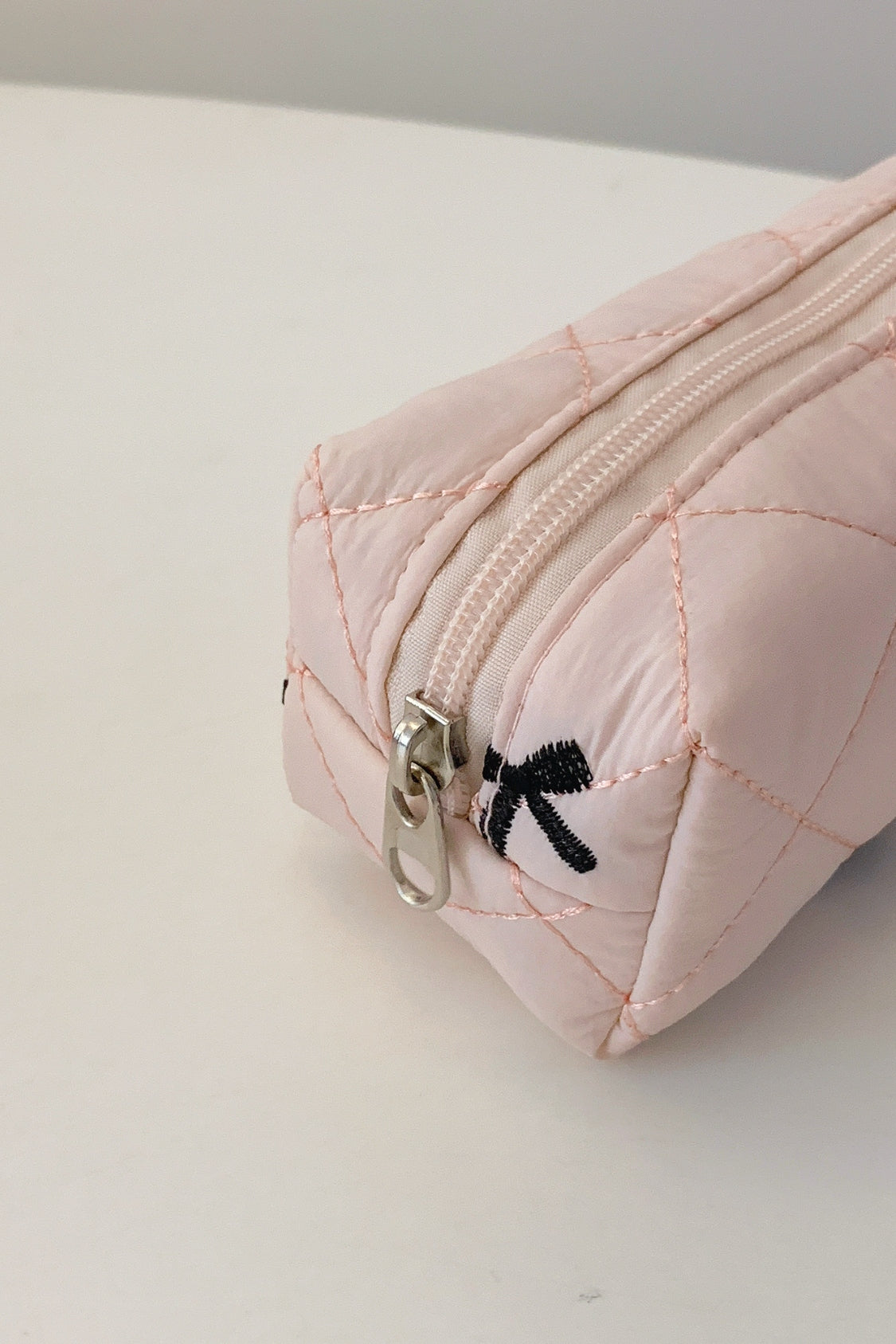 Small Bow Embroidered Quilted Cosmetic Bag