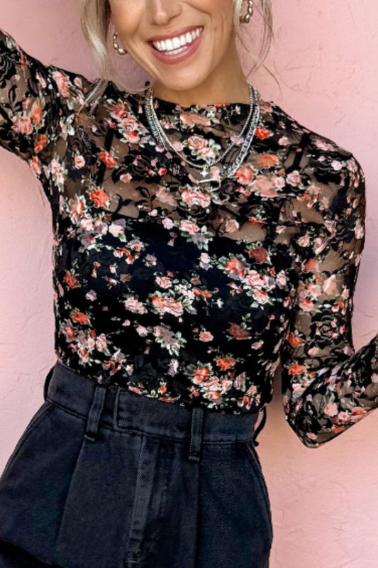 Floral Long Sleeve Mesh Blouse