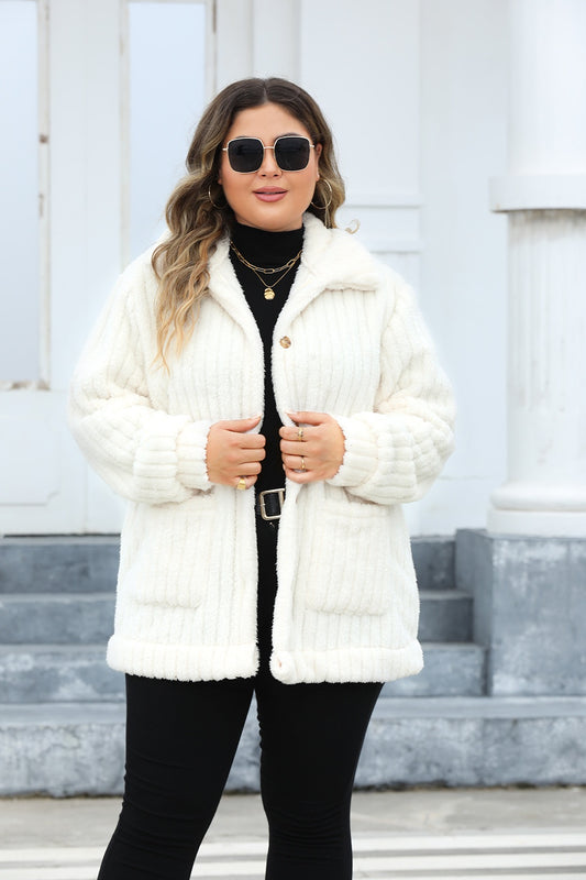 Plus Size Collared Neck Button Down Fuzzy Jacket