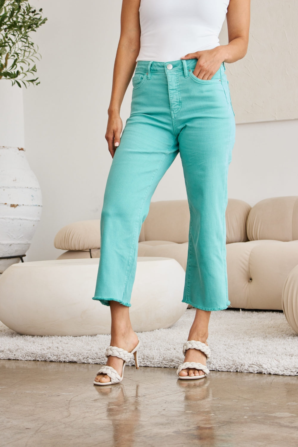 RFM Chloe Tummy Control High Waist Crop Jeans in Island Green