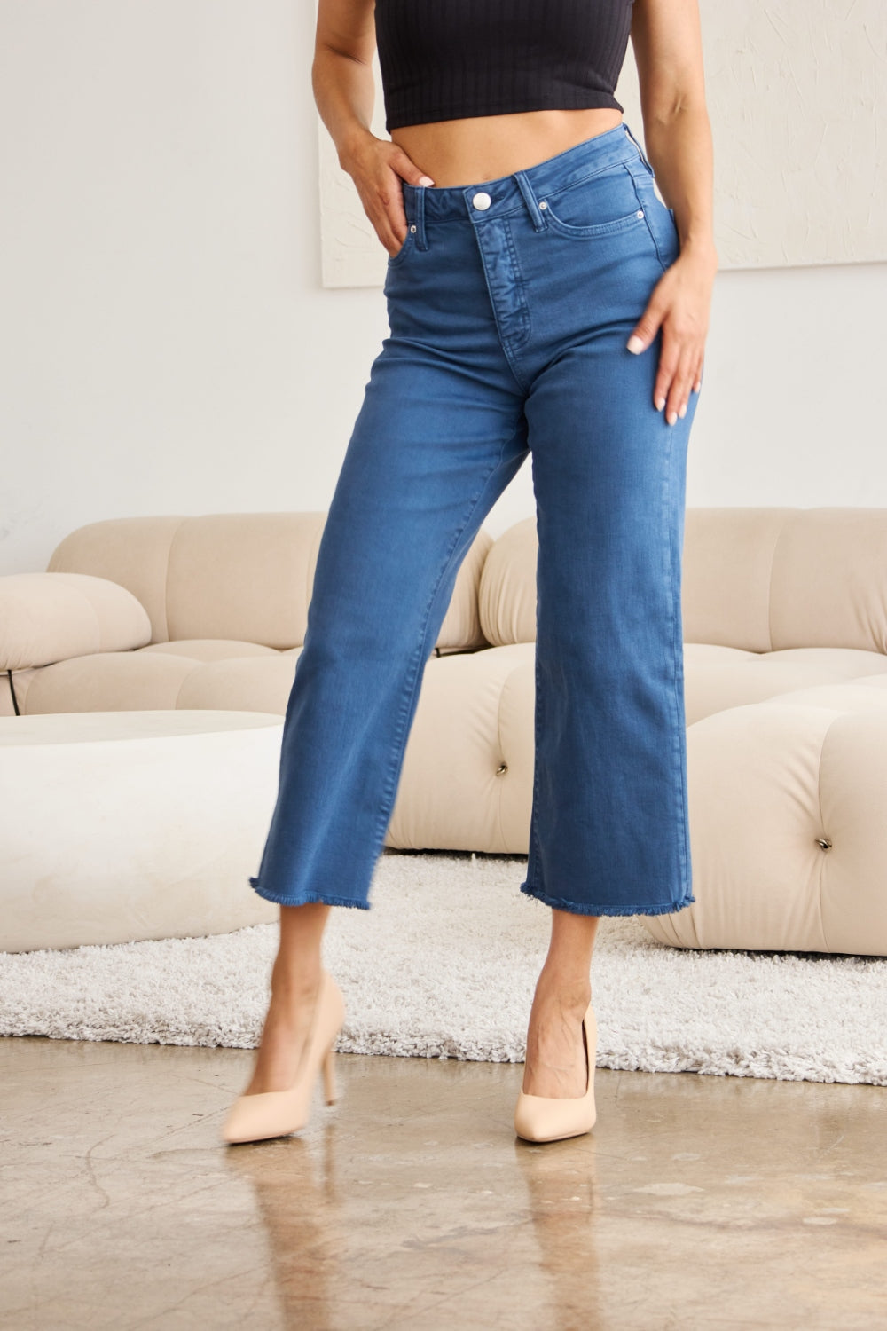 RFM Chloe Tummy Control High Waist Crop Jeans in Blue Slate