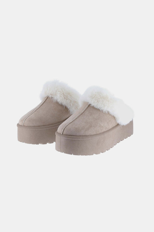 Thick Bottom Fur Trim Snow Slippers in Taupe