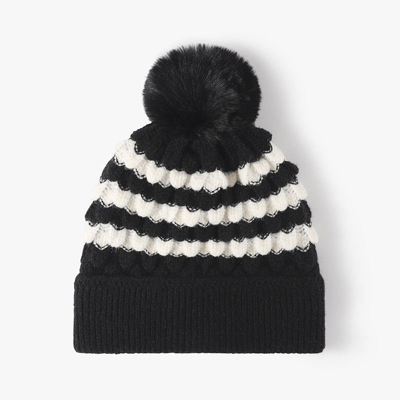 Striped Knit Hat with Pompom