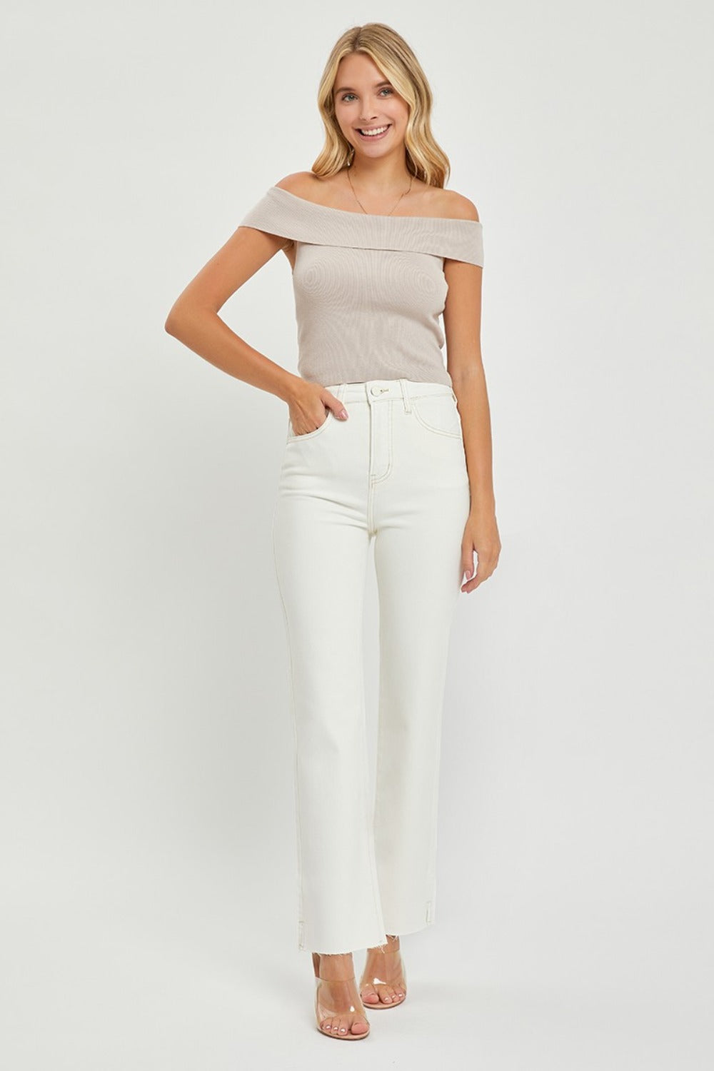 RISEN High Rise Tummy Control Straight Leg Jeans in Cream