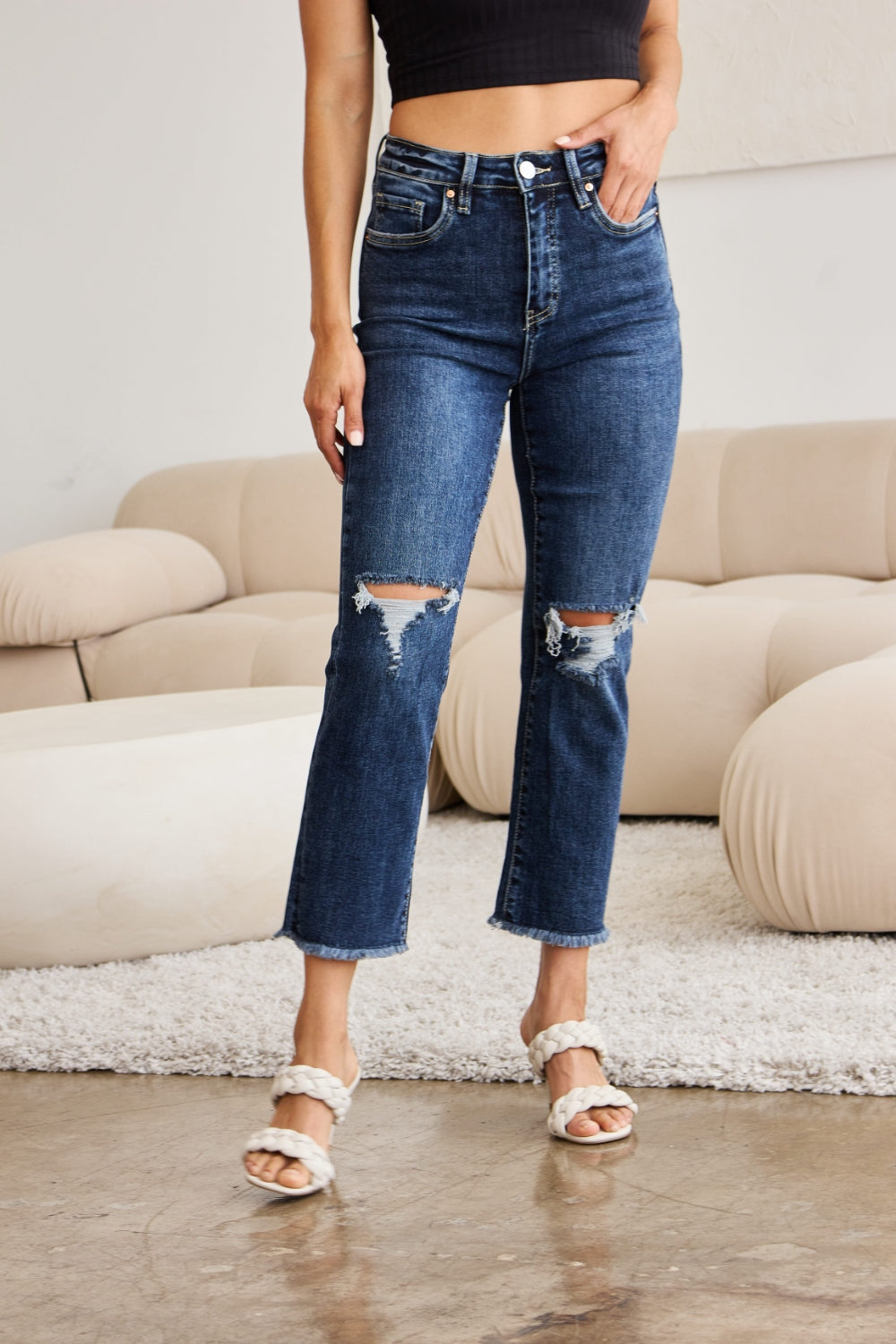 RFM Dylan Tummy Control Distressed High Waist Crop Jeans