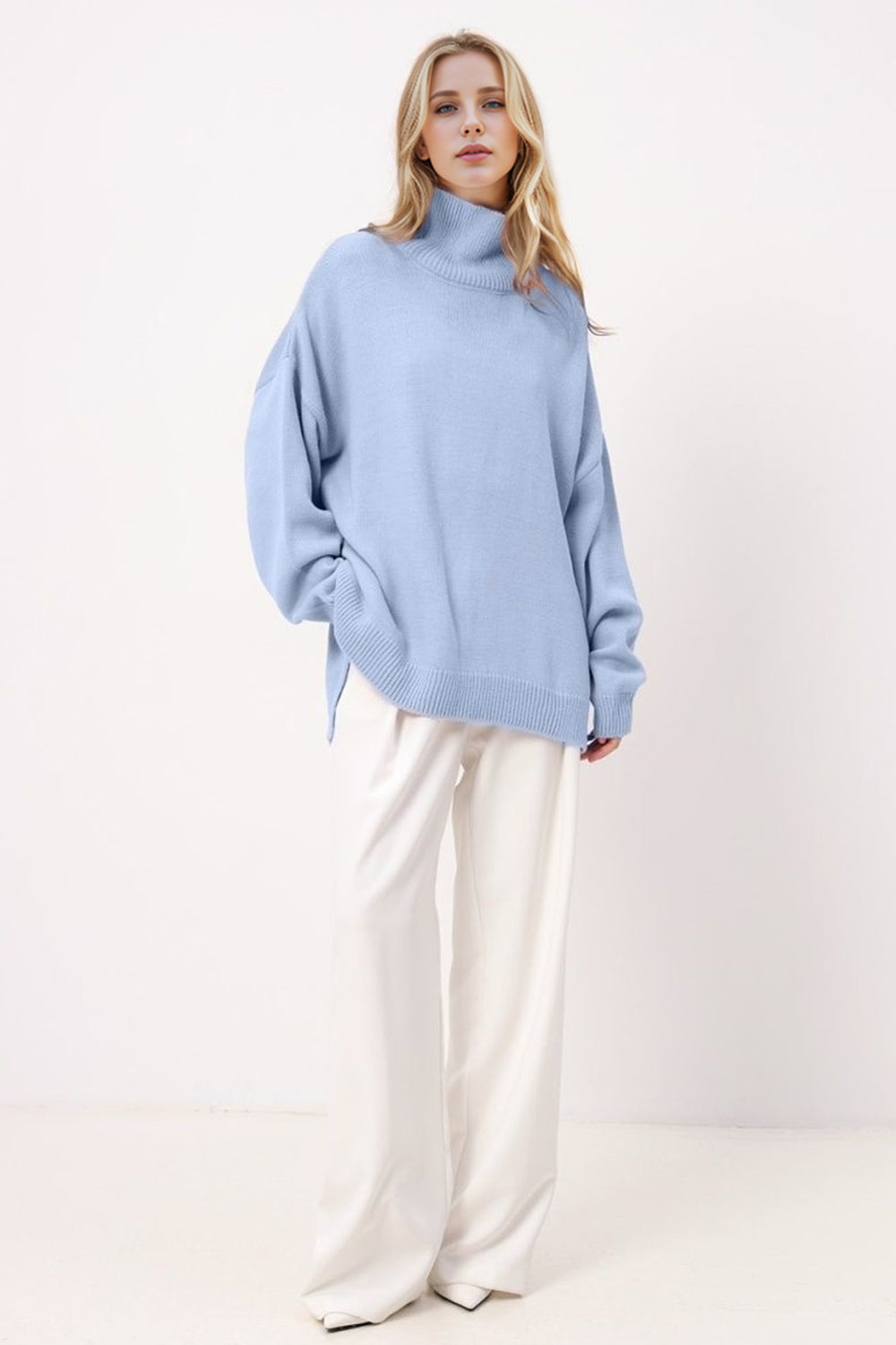 Side Slit Turtleneck Long Sleeve Sweater